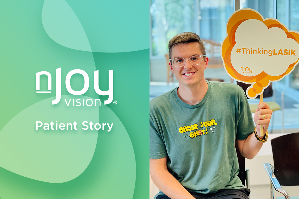 nJoy Vision Chisholm Holland Patient Story blog post feature image of Chisholm holding a #ThinkingLASIK sign before his LASIK procedure