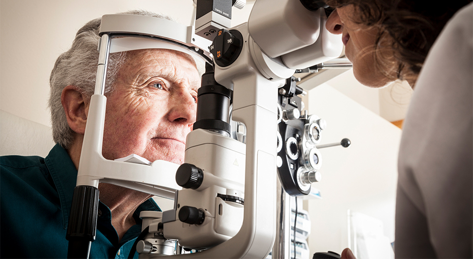 nJoy Vision Healthy Aging Month blog story image of an older man getting an eye exam